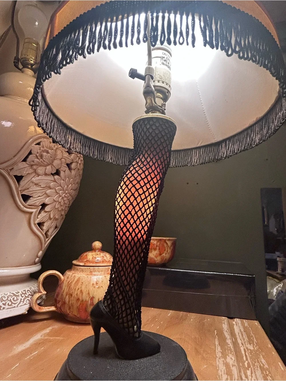Vintage-Inspired Christmas Story Fishnet Leg Table Lamp with Gold Shade